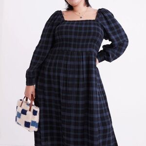 Madewell Navy & Black Plaid Smocked Square-Neck Midi Dress
